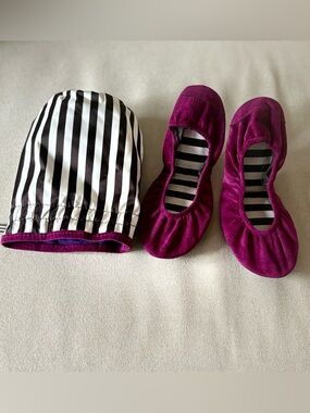 henri bendel Foldable Ballet Flats in Magenta with Black & White Striped Pouch